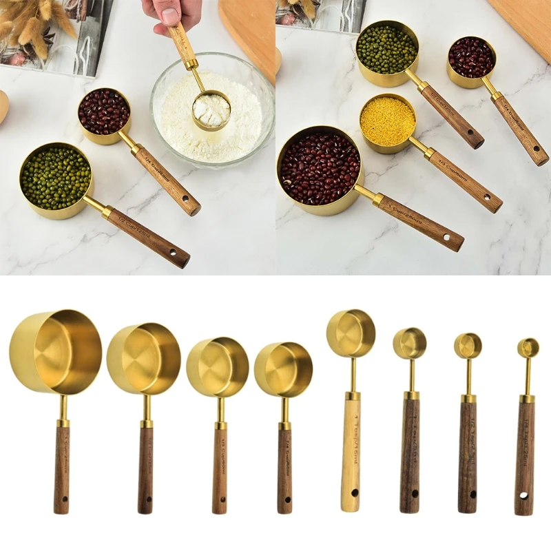 

4/8pcs Stainless Steel Measuring Spoons Cups Wooden Handle Household Kitchen Dining Bar Baking Tools