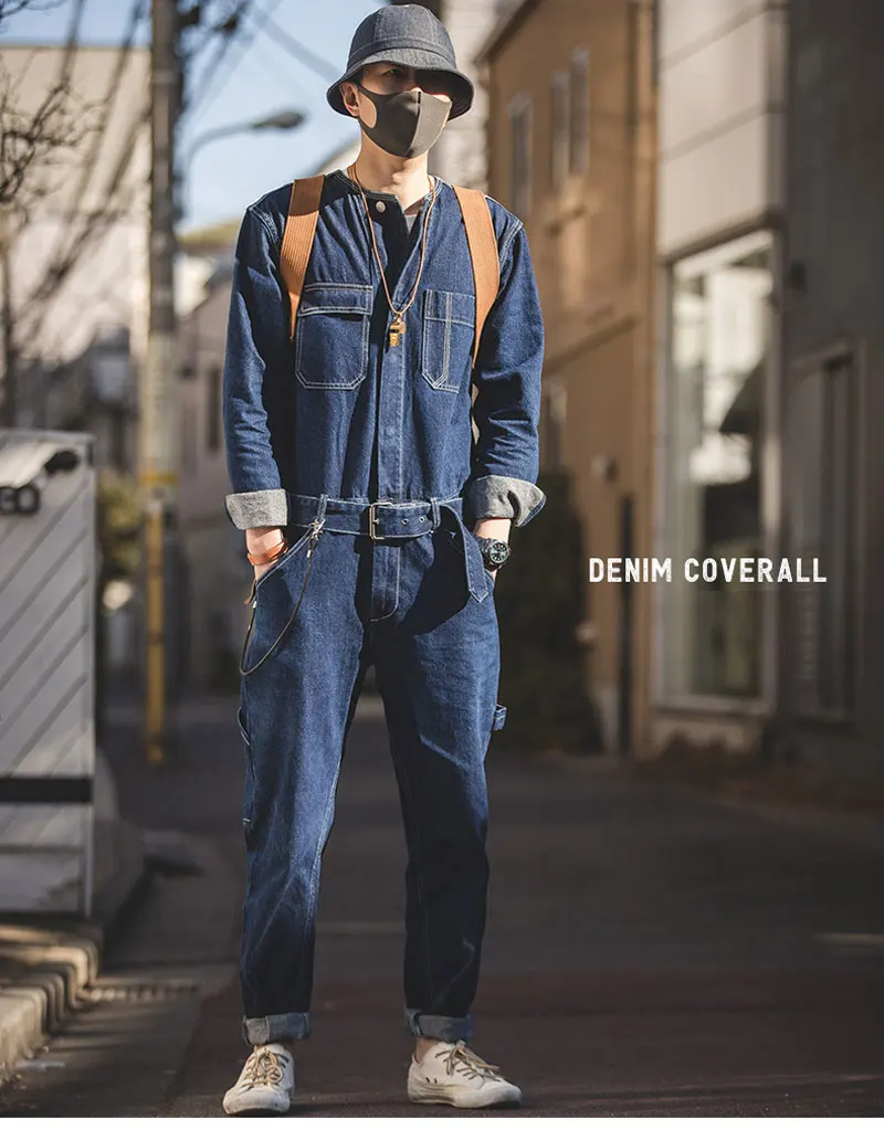 Retro Man Jeans Jumpsuits Bib Overalls Loose Straight Multi-Pocket Streetwear Denim Cargo Trousers Fashion Leisure Freight Pants
