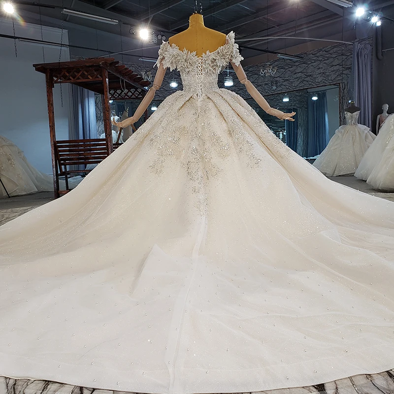HTL2175 Champagne Bridal Wedding Dress Flower Diamond Lace Bead Shiny V-neck Backless Luxury Wedding Dress Robe De Mariée 2021