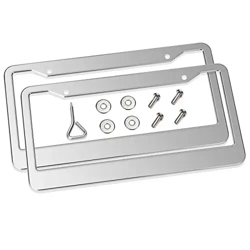 

Newzon Metal License Plate Frames Chrome - 2 Pack Stainless Steel Polish Mirror Silver License Plate Frame