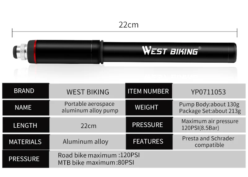 WEST BIKING 160Psi ручной велосипедный насос алюминиевый сплав велосипедный манометр шланг шин насос MTB дорожный велосипед аксессуары мяч велосипедный насос
