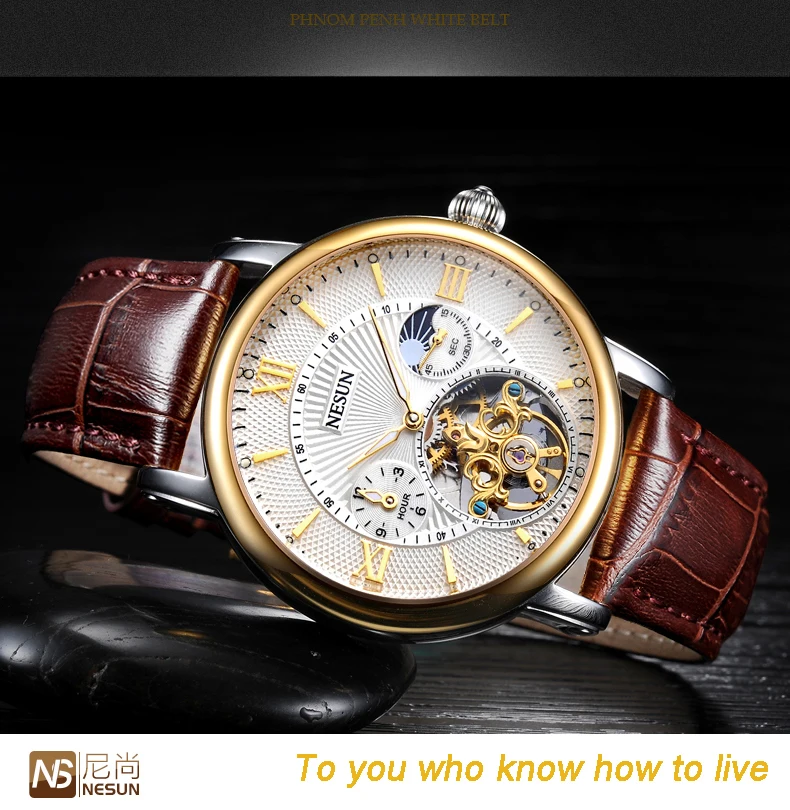 Швейцарские часы Nesun Skeleton Tourbillon для мужчин Топ люксовый бренд автоматические механические мужские часы водонепроницаемые relogio N9091-3