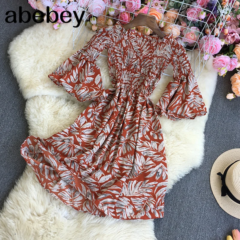 

2022 New Spring Autumn French slash neck flare sleeve Dress Agaric edge high waist pleated floral print short A-line Dress