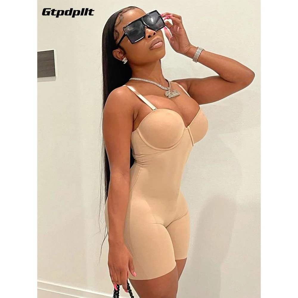 

Gtpdpllt Straps Jumpsuit Low Cut Skinny Biker Shorts Rompers Tight One Piece Workout Loungewear Bodysuit Sporty Women Playsuits