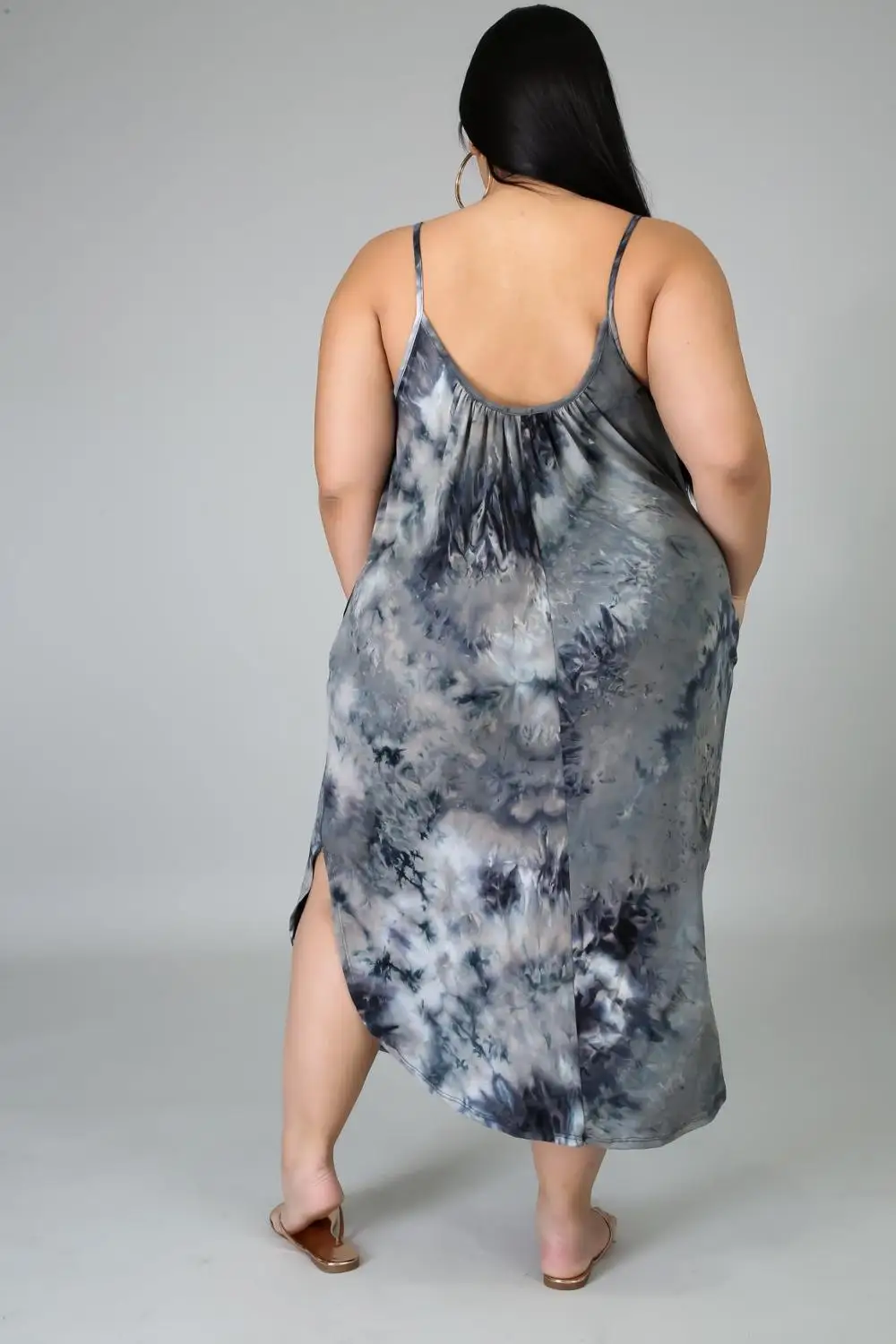 

Plus Size XL-5XL Women Tie-Dye Dress Casual Halter Spaghetti Strap Sleeveless Mid-Calf Loose Dresses With Bilateral Split