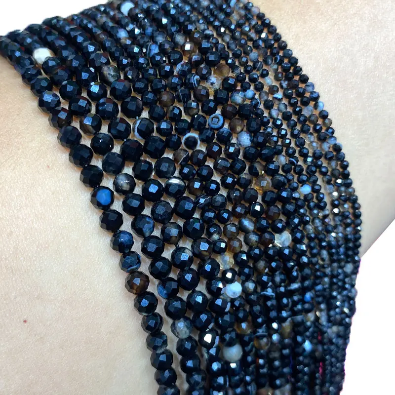 

Граненые бусины из черного агата, круглые бусины-разделители для изготовления ювелирных изделий, браслетов, ожерелий, 2/3/4 мм, 100% натуральный...