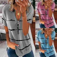 feogor 2021 summer new style short sleeved striped flat print zipper short sleeved t shirt womens blouse loose t shirt