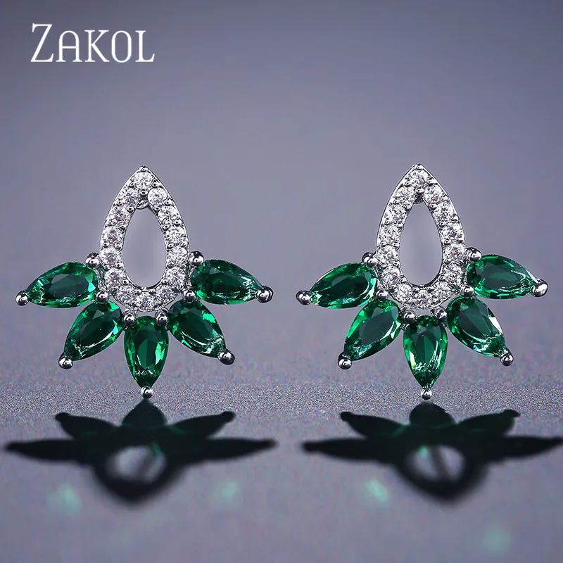 ZAKOL модные белые и зеленые серьги гвоздики с кристаллами огранкой маркиза для