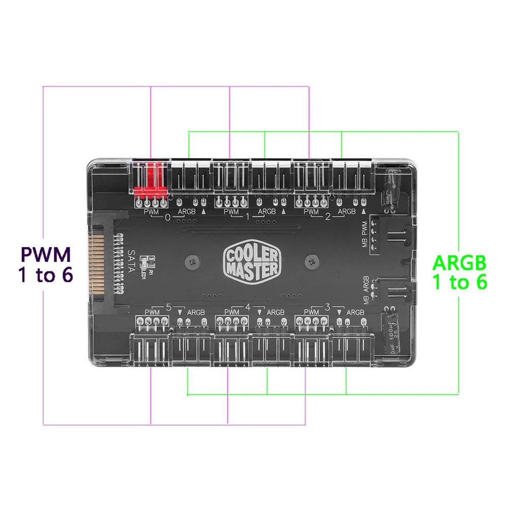 

1 to 6 Multi Way Splitter PWM ARGB Fan HUB Plug Play Convenient Quick Operate 4Pin PWM 3Pin Addressable RGB Adapter