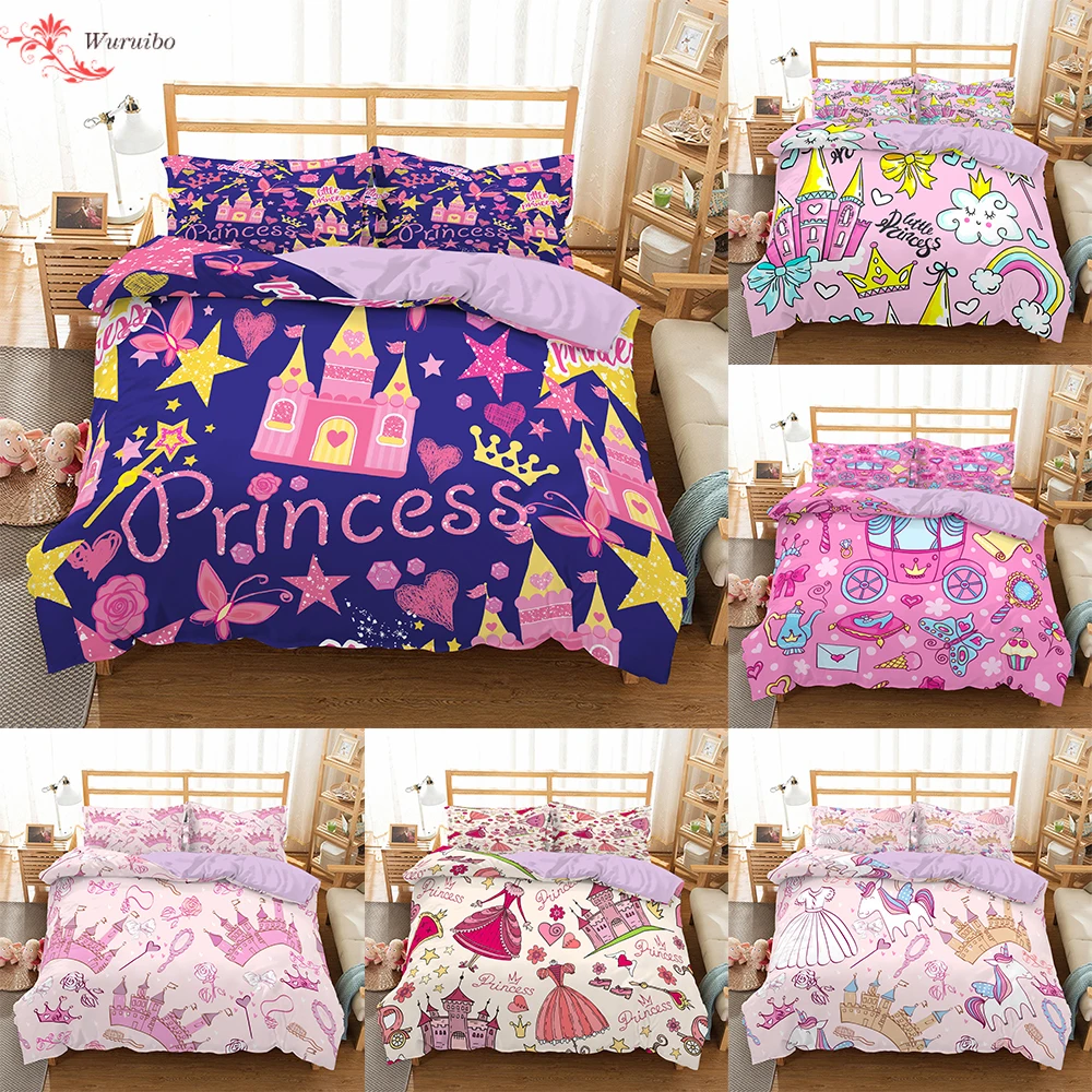 

Cute Princess Fairy Bedding Set Lovely Tale Castle Duvet Cover Pillowcase 2/3pcs Bed Covers for Girls Twin Single Size Bed Quilt