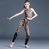 2021 new latin dance costumes for kids leopard top pants suit practice clothes chacha samba tango latin performance wear sl4744