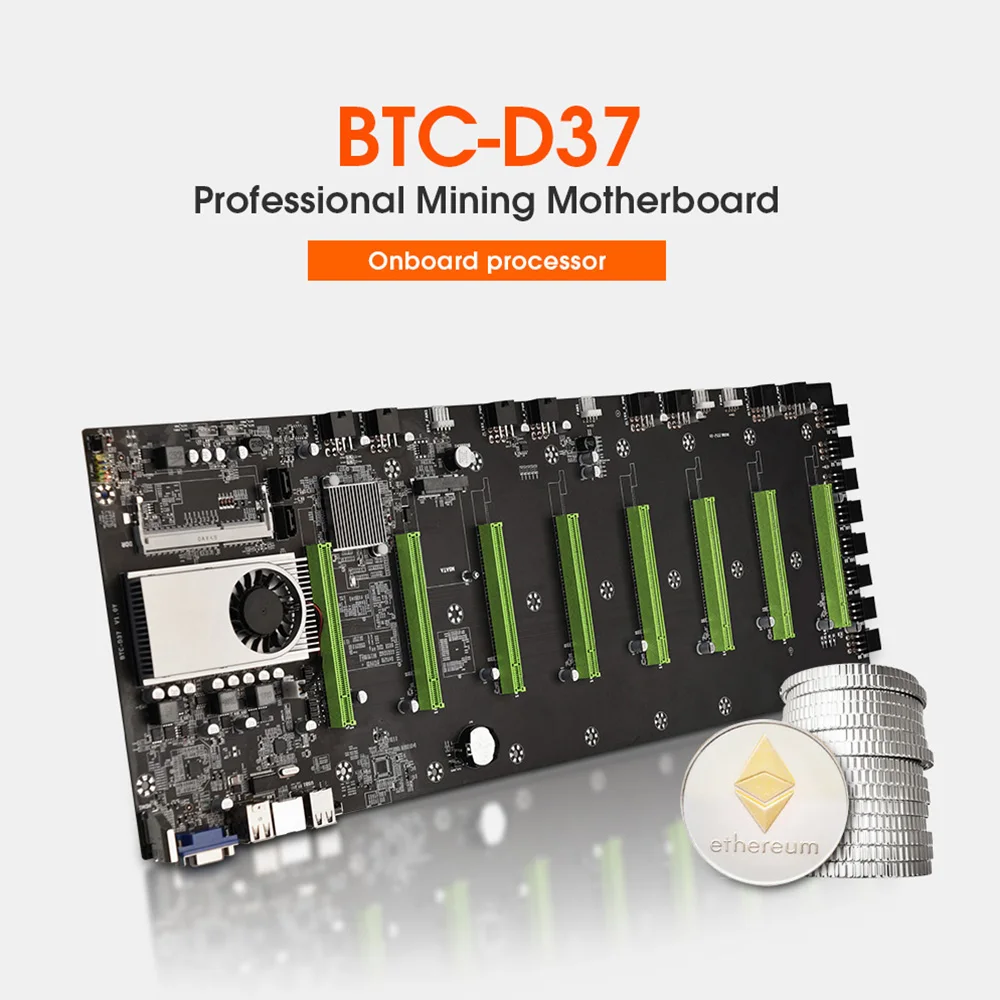 

BTC-D37 Miner Motherboard 8 PCIE 16X Graphics Card Slots 55mm Spacing DDR3 Memory VGA+HDMI-Compatible Low Power Consumption