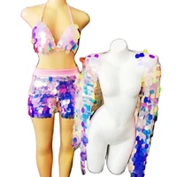 sparkly diamonds sequin women bikini pole dance outfit nightclub party singer stage performance costume bra shorts coat
