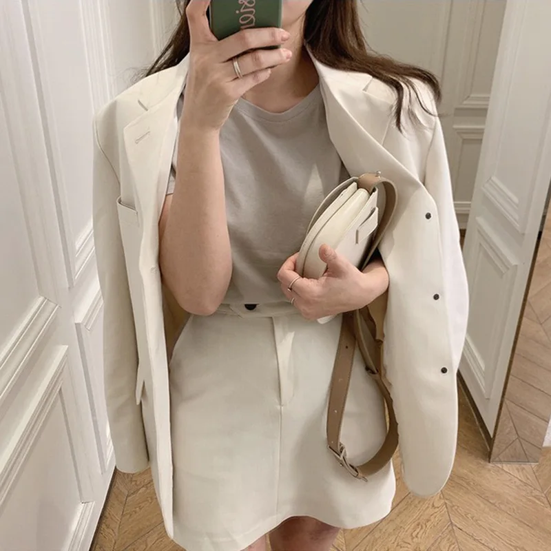 

Korean Chic Retro Three Button Cardigan Suit Jacket High Waist A Line Mini Skirt Female Solid Color Blazer Two Piece Set Outfit