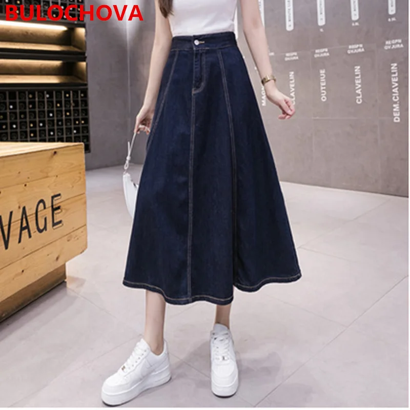 

BULOCHOVA, хорошее качество, винтажная женская джинсовая юбка с большим разрезом, новинка 2021, летние длинные джинсы с высокой талией, приблизительно 2XL
