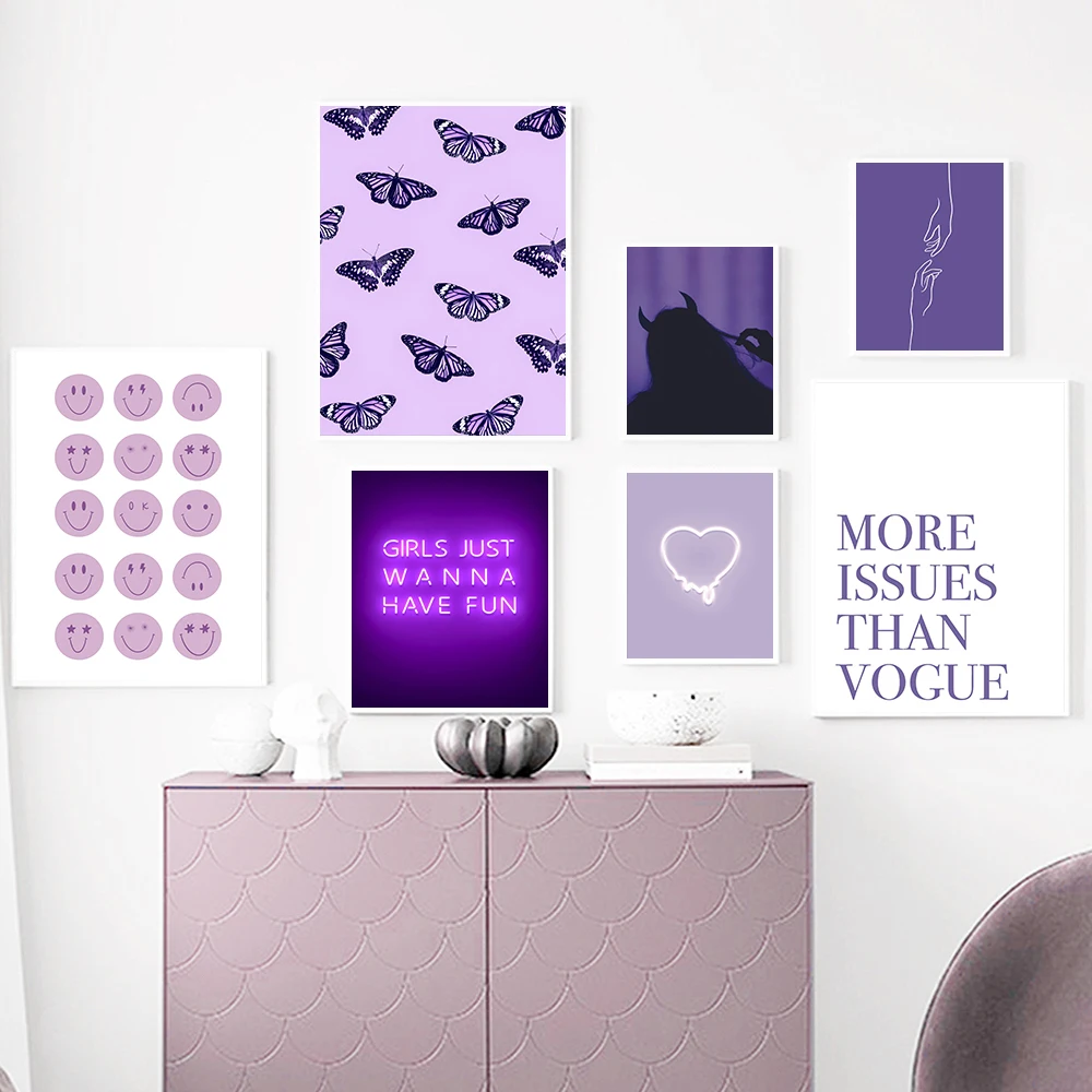

Purple Vogue Butterfly Heart Smiley Wall Art Canvas Painting Nordic Quote Posters And Prints Wall Pictures For Kids Room Decor