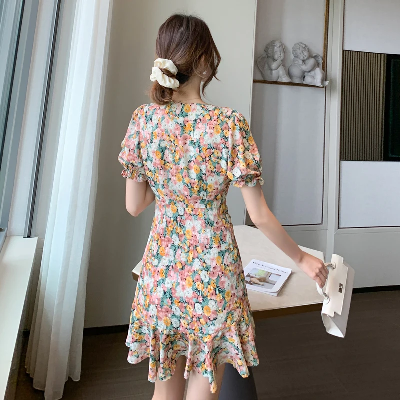 

Women Dresses Summer 2021 Sexy V Neck Floral Print Boho Beach Dress Ruffle Short Sleeve A Line Mini Dress Sundress Robe