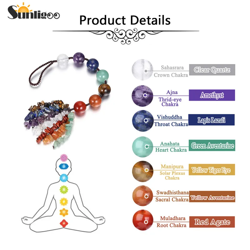 Драгоценный камень Sunligoo в виде 7 чакр с кисточкой религиозная медитация хрусталь