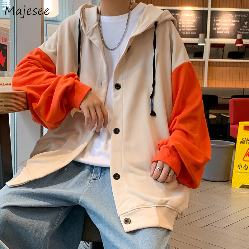 

Patchwork Jackets Men Loose Rib Sleeve Hooded Chic All-match Oversize Single Breasted Coats Spring Fall Outerwear Teenager Daily