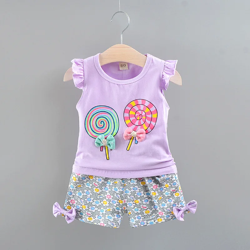 Летняя одежда для маленьких девочек 2 шт. Детские комплекты футболка с леденцом