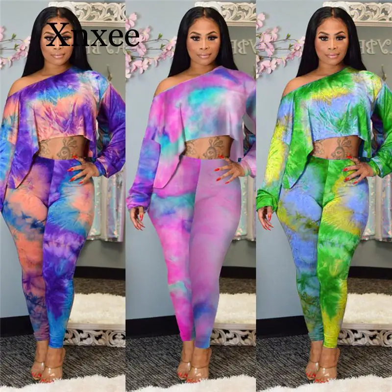 

Women 2 Piece Set Spring Autumn Tracksuit Matching Set Tie Dyeing Clothes Loose Set Long Pants Long Sleeve O Neck Short Top
