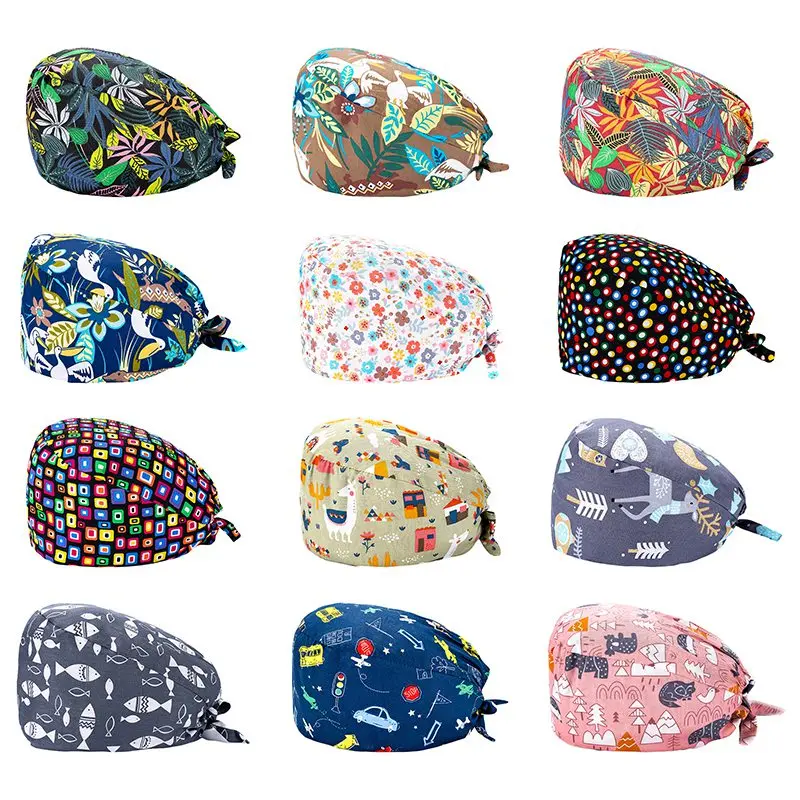 

Unisex Cotton Adjustable Hats Floral Print Cap High Quality Beauty Salon Work Hat Tieback Elastic Pet Grooming Cap