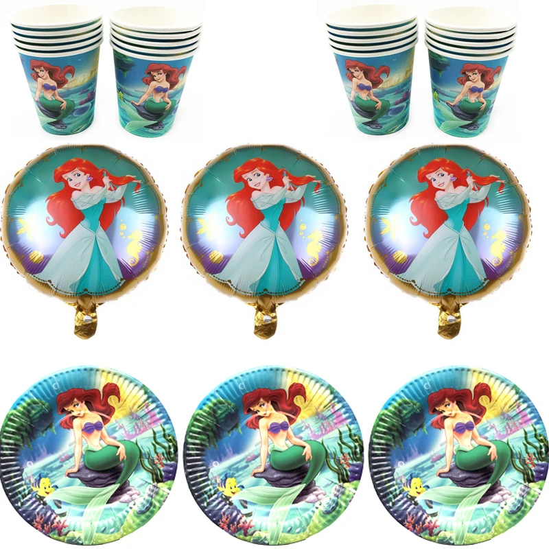 

Happy Birthday Party Little Mermaid Theme Tableware Set Plates Cups Girls Kids Favors Foil Balloons Supplies 44pcs/lot