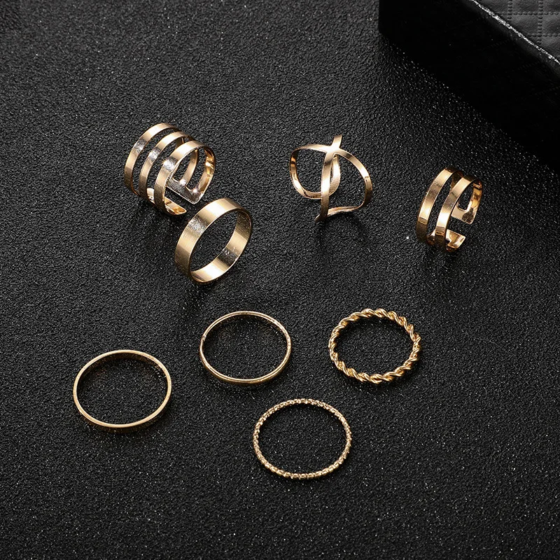 

Punk Gold Round Hollow Geometric Rings Set For Women Fashion Cross Twist Open Joint Ring Female Jewelry Gift