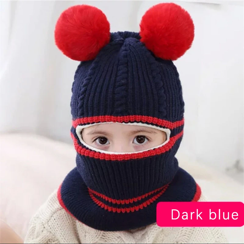 

Children's autumn and winter trendy boys and babies plus velvet thick knitted woolen hats girls face and ear protection bib caps