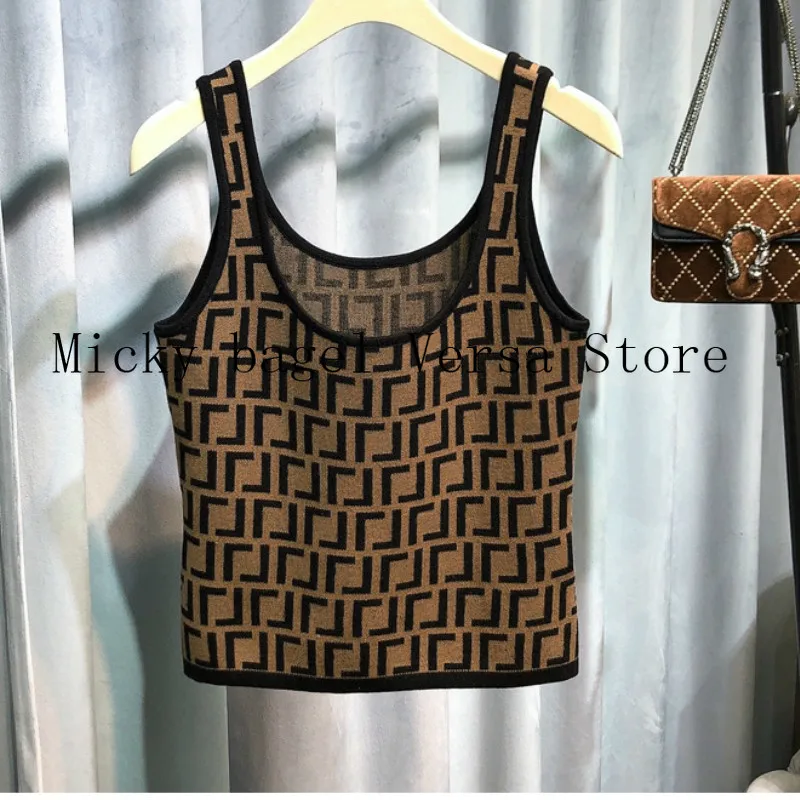 

2021 luxury design letter printing fashion women's top temperament round neck versatile elastic open back knitted suspender vest