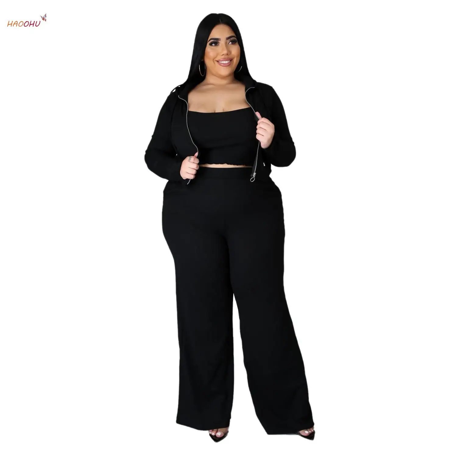 

Women Clothing Plus Size Sets Women's Graceful Sweatshirt Tube Top Wide Leg Pants Sunken Stripe 3-Piece Suit Sports Leisure Suit