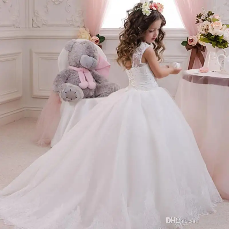 

Elegant Satin A Line Flower Girls Dresses Lace Applique Girls Pageant Dresses Princess Kids Party Gowns