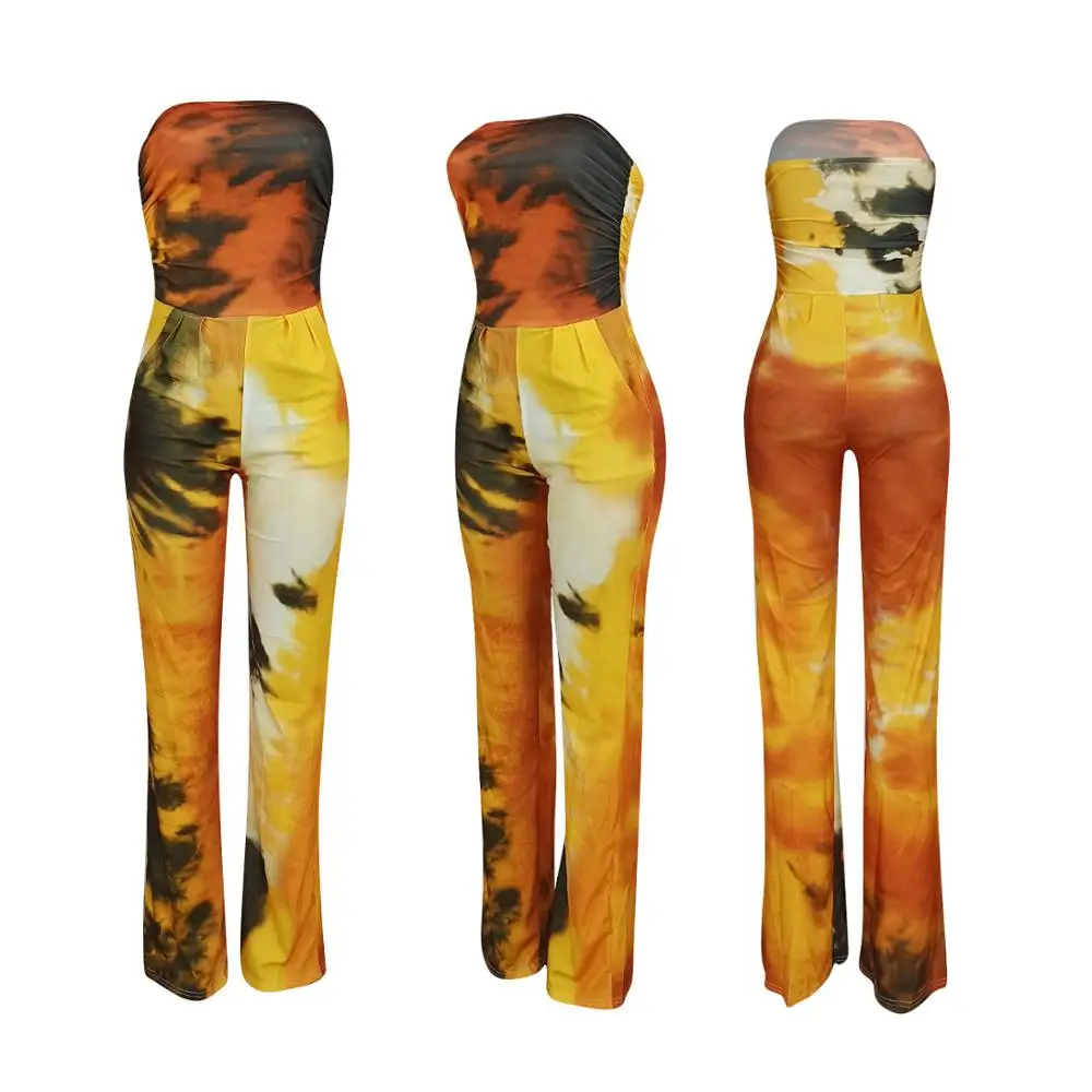 

2020 new fashion tie dye printed one-piece pants slim fit off shoulder sleeveless women's bra pants