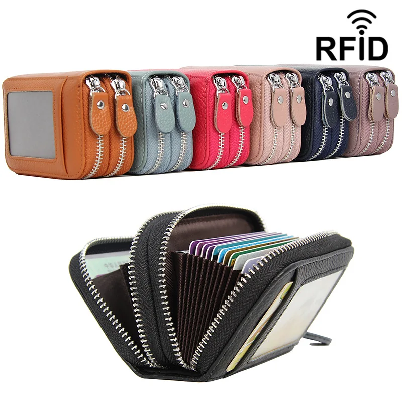 

Women's Genuine Leather Card Pack RFID Anti-Theft Brush Money Bag Double Zipper Coin Purses Portable Business Card Holder Wallet