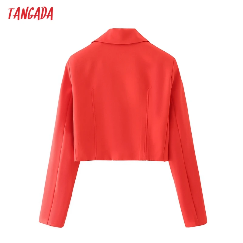 

Tangada Women Red Crop Blazer Coat Vintage Notched Collar Pocket 2021 Fashion Female Casual Chic Tops DA194