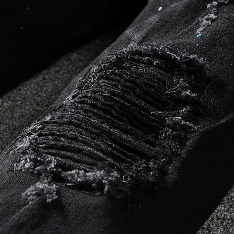 

Black Men's Painted Pleated Biker Jeans For Motorcycle Slim Fit Ripped Stretch Denim Pants Fashion Casual Male Jeans