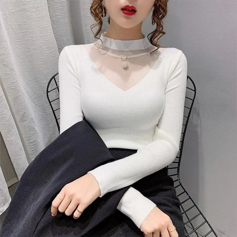 

2021 cashmere half high collar stitched mesh sweater for women in autumn and winter