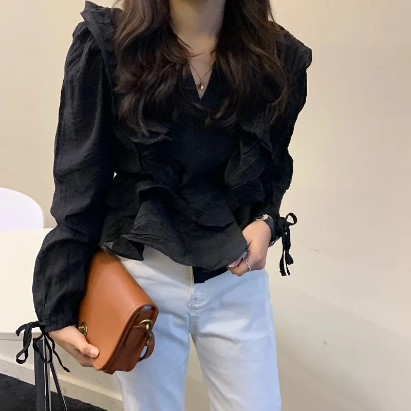 

Ladies Blouses 2021 New Korean OL Vintage V-neck Long Sleeve Ruffles Stitching Elegant Top Ladies Loose Shirt Women