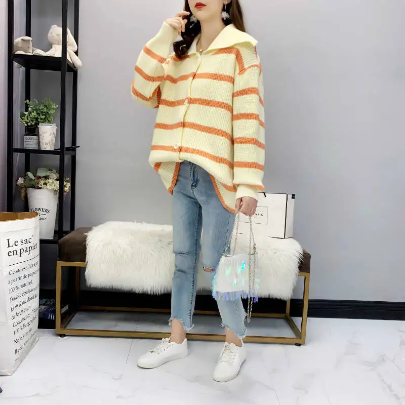 2019 autumn and winter wear loose striped sweater cardigan female ins very immortal foreign gas wild woolen coat jacket tide |