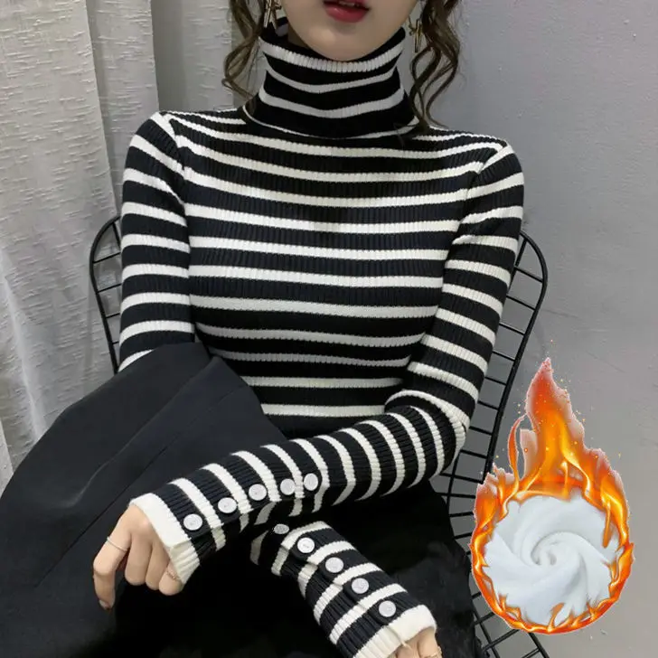 

Thickened Plush Striped High Neck Sweater Women's Autumn And Winter New Slim Knit Top Long Sleeve Inner Tie Tide