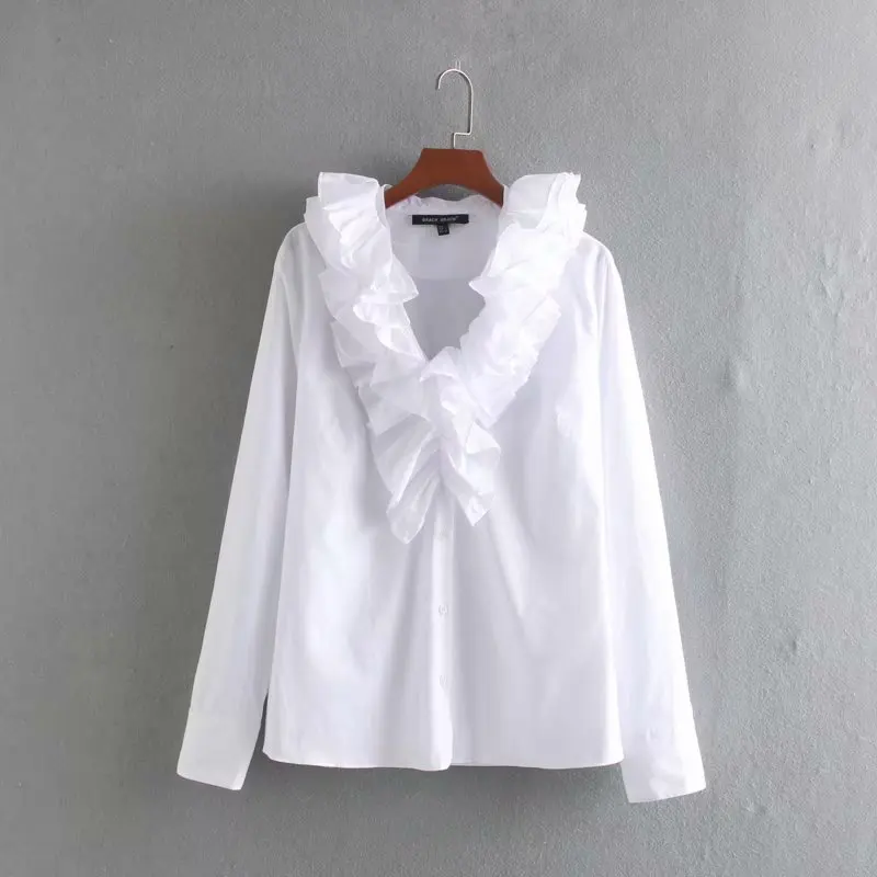 Женская уличная блуза с v образным вырезом каскадные оборки черный и белый цвета