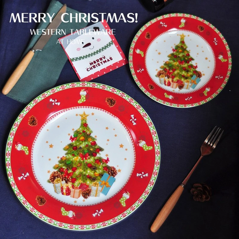 

Ceramic Christmas Tree Red Round Plates Dishes Beef Dessert Dish Fruit Snack Plate Home Dinnerware Decoration