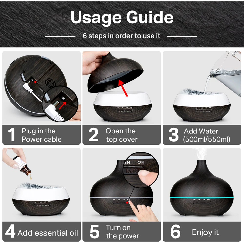 

550ml Aromatherapy Essential Oil Diffuser Wood Grain Remote Control Ultrasonic Air Humidifier Cool Mister with 7 Color LED Light