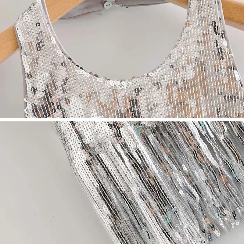 

Sliver Sexy Women mini dress Limited edition sequin dress with fringing Spring Summer Fashion Sleeveless Vestidos INKEO 9D022