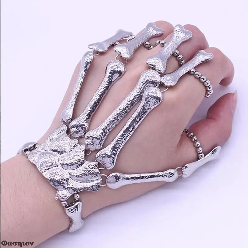 

Handmade Halloween Wristband Skull Fingers Metal Skeleton Hand Bracelet With Ring For Women Birthday Gifts