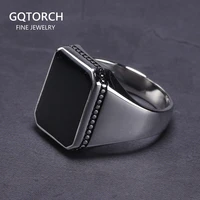 real solid 925 sterling silver ring simple for men with black square flat gel stone high polishing middle east turkish jewelry