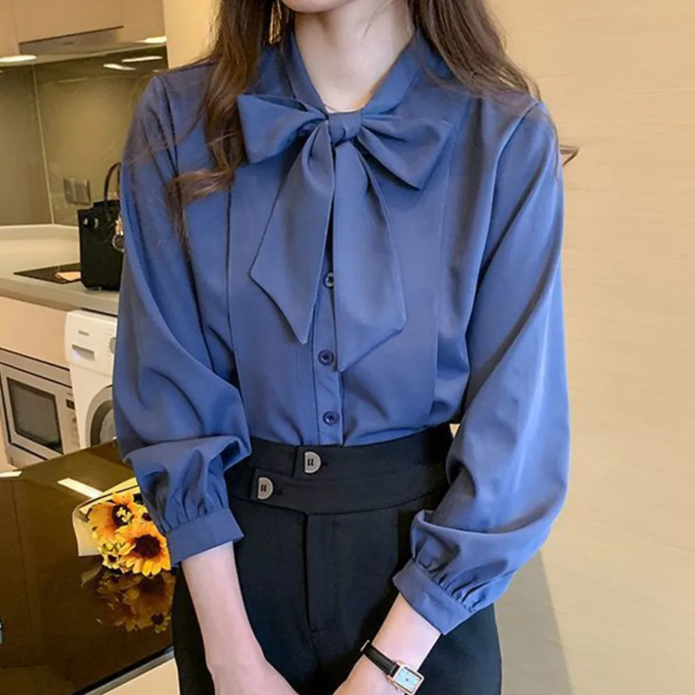 

Office Lady Long Sleeve Chiffon Shirt Pocket Womens Shirts Bowknot Ladies Chiffon Shirt Design Flavor Autumn Outfit