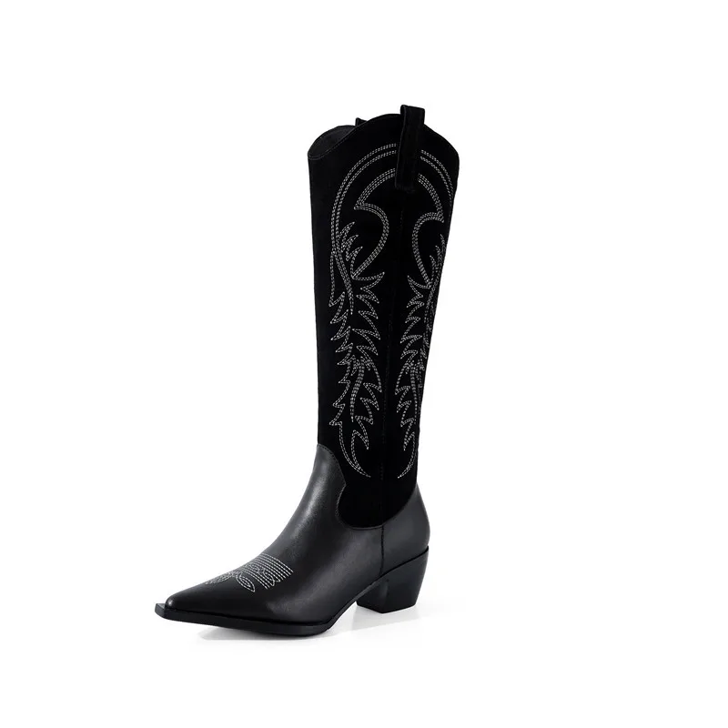 

European American Knee-length Boots Thick-heeled Boots Pointed Toe Embroidery Western Cowboy Boots High-tube Knight Boots Women