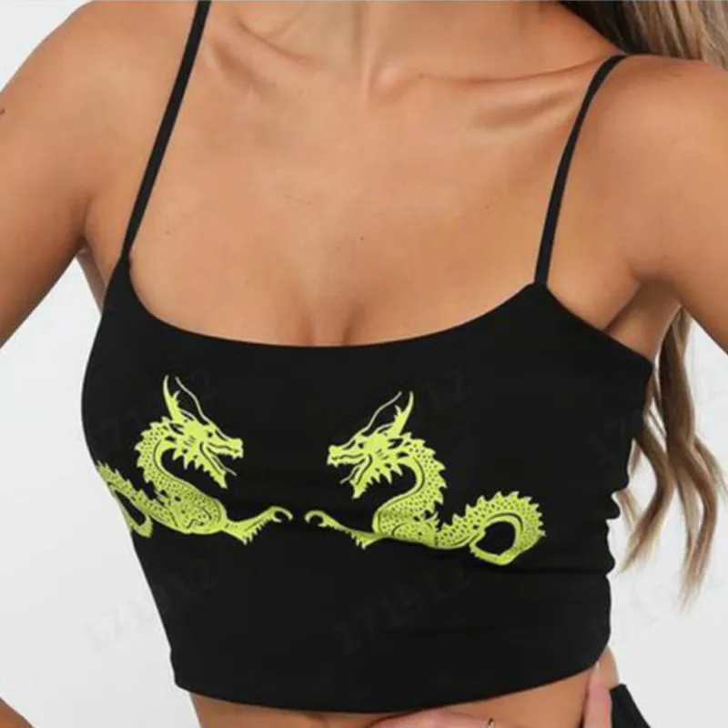 

Women Casual Dragon Pattern Crop Tops Summer Cropped Sexy Tight Attractive Fitness Polyester U Neck Fashion Sleeveless Straps