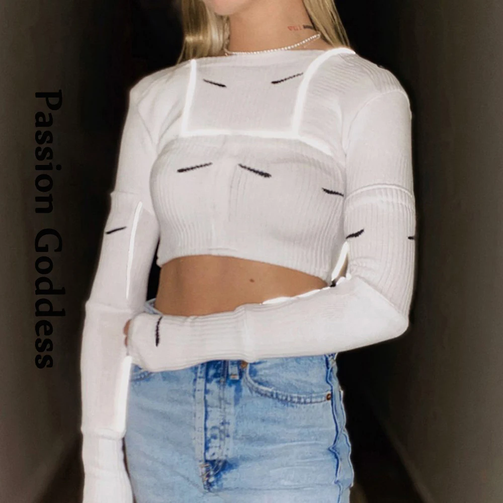 

Women Reflective Striped Patchwork Tee Shirt Streetwear Long Sleeve Bodycon Cropped Shirts Round Neck Basic Ribbed Shirts Autumn